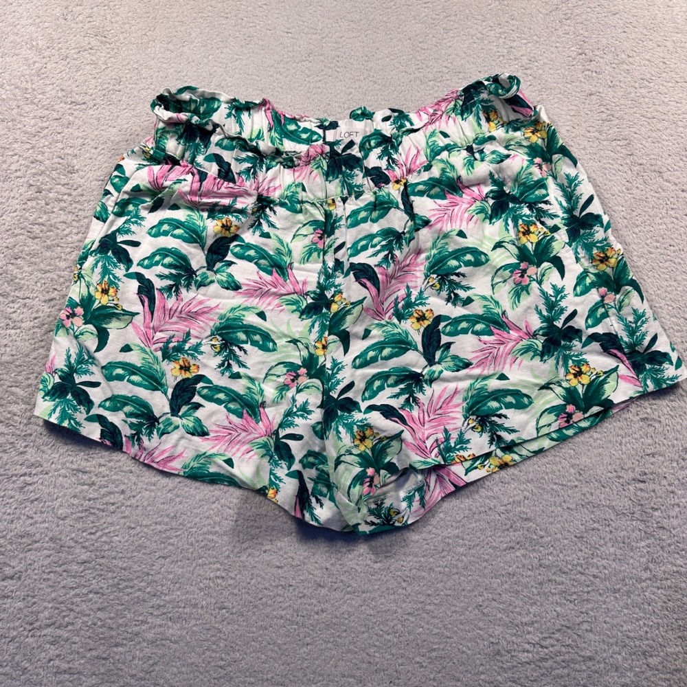 LOFT Linen Blend Tropical Print Shorts High Waist Paper Bag Waist Summer M‎